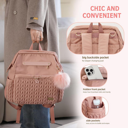 Lightweight Diaper Bag Backpack with Changing Pad – Large Opening Travel Nursery Bag for Mom, Stroller Clips & Faux Fur Pendant