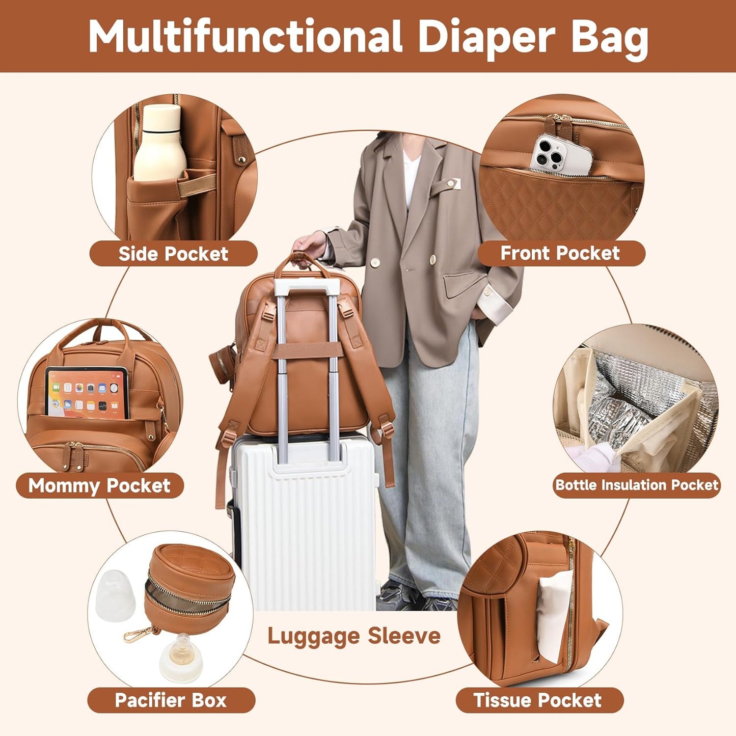 Leather Baby Diaper Bag with Changing Station，Newborn Essentials Must Haves