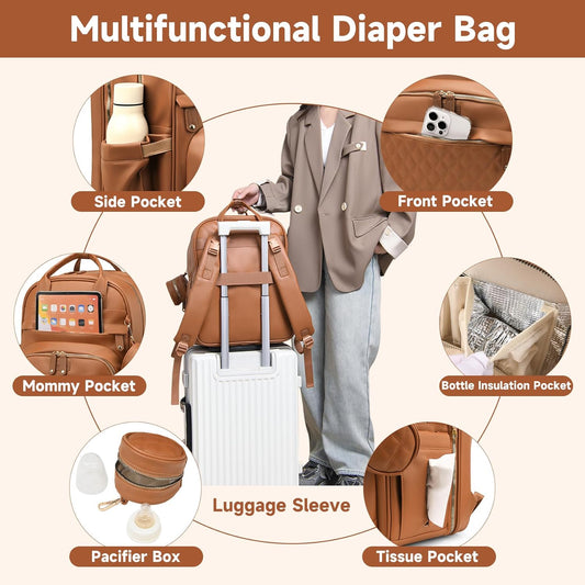 Leather Baby Diaper Bag with Changing Station，Newborn Essentials Must Haves