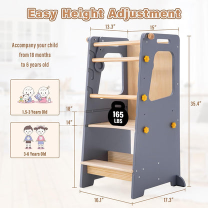 4 in 1 Toddler Kitchen Tower, Kids Kitchen Stool Helper, Standing Tower with Convertible Table and Chair, Toddler Step Stool with Adjustable-Height,Whiteboard and Safety Rail for Kitchen ,Gray