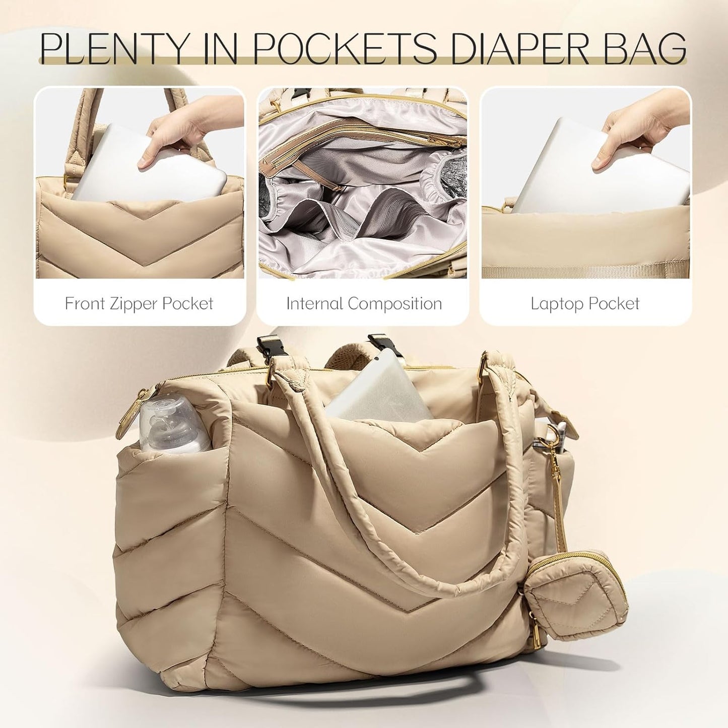 Diaper Bag Tote, Diaper Bag Backpack,Puffer Tote Bag with Pacifier Case, Lightweight Mommy for Hospital, Puffy with 10 Pockets