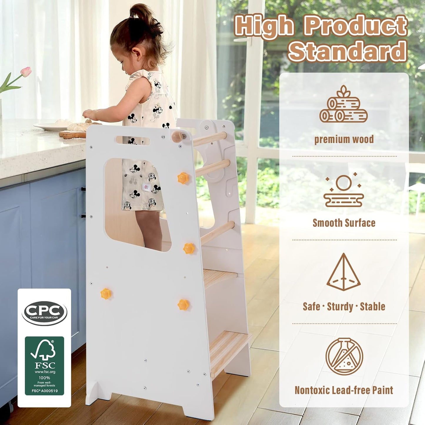 4 in 1 Toddler Kitchen Tower, Kids Kitchen Stool Helper, Standing Tower with Convertible Table and Chair, Toddler Step Stool with Adjustable-Height,Whiteboard and Safety Rail for Kitchen