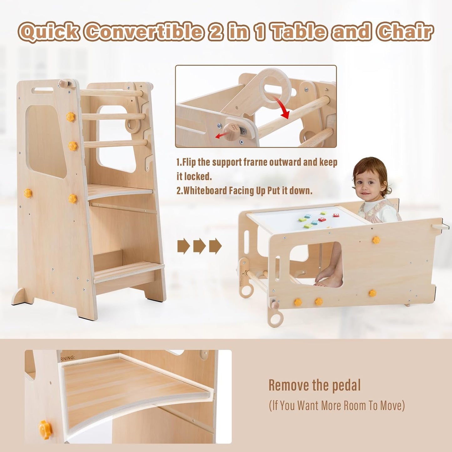 4 in 1 Toddler Kitchen Tower, Kids Kitchen Stool Helper, Standing Tower with Convertible Table and Chair, Toddler Step Stool with Adjustable-Height,Whiteboard and Safety Rail for Kitchen,Wood