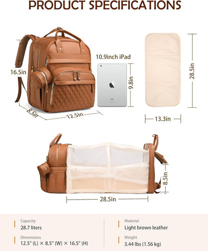 Large Diaper Bag Backpack，Waterproof Leather Diaper Bags Baby with Changing Station