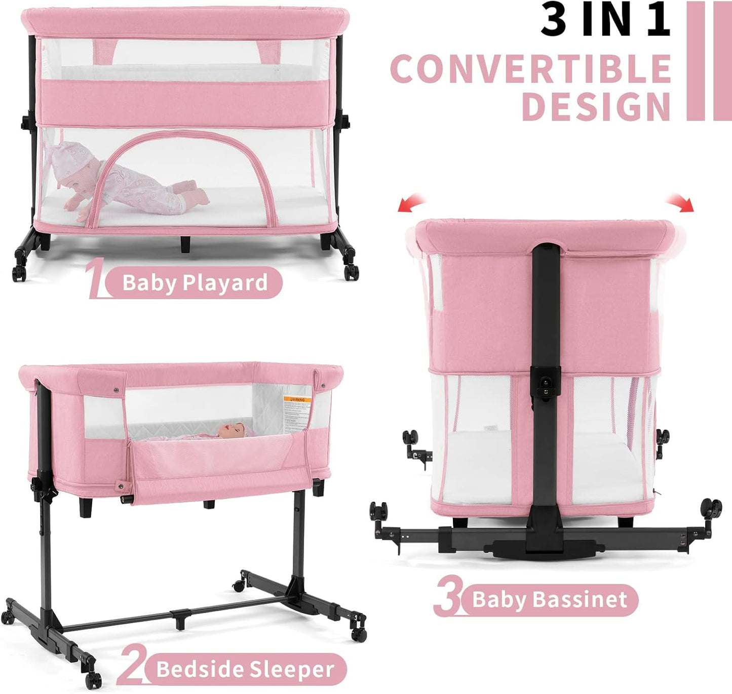 3-in-1 Baby Bassinet Bedside Sleeper – Convertible Crib with Breathable Mesh, 5 Height Positions, Portable Playard for Newborn