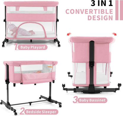 3-in-1 Baby Bassinet Bedside Sleeper – Convertible Crib with Breathable Mesh, 5 Height Positions, Portable Playard for Newborn