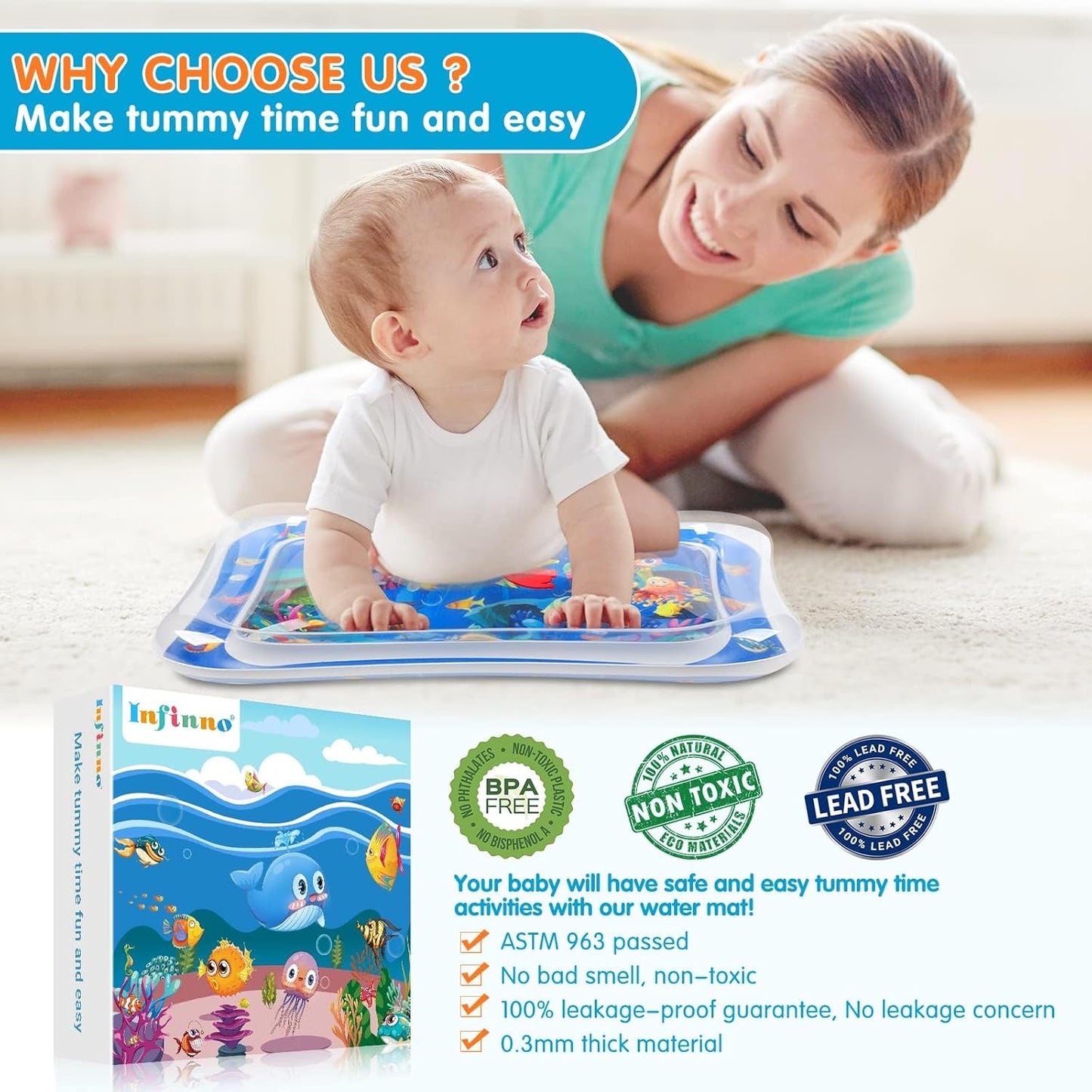 Premium Inflatable Baby Water Play Mat, Tummy Time Sensory Activity Toy for Infants and Toddlers 3-24 Months