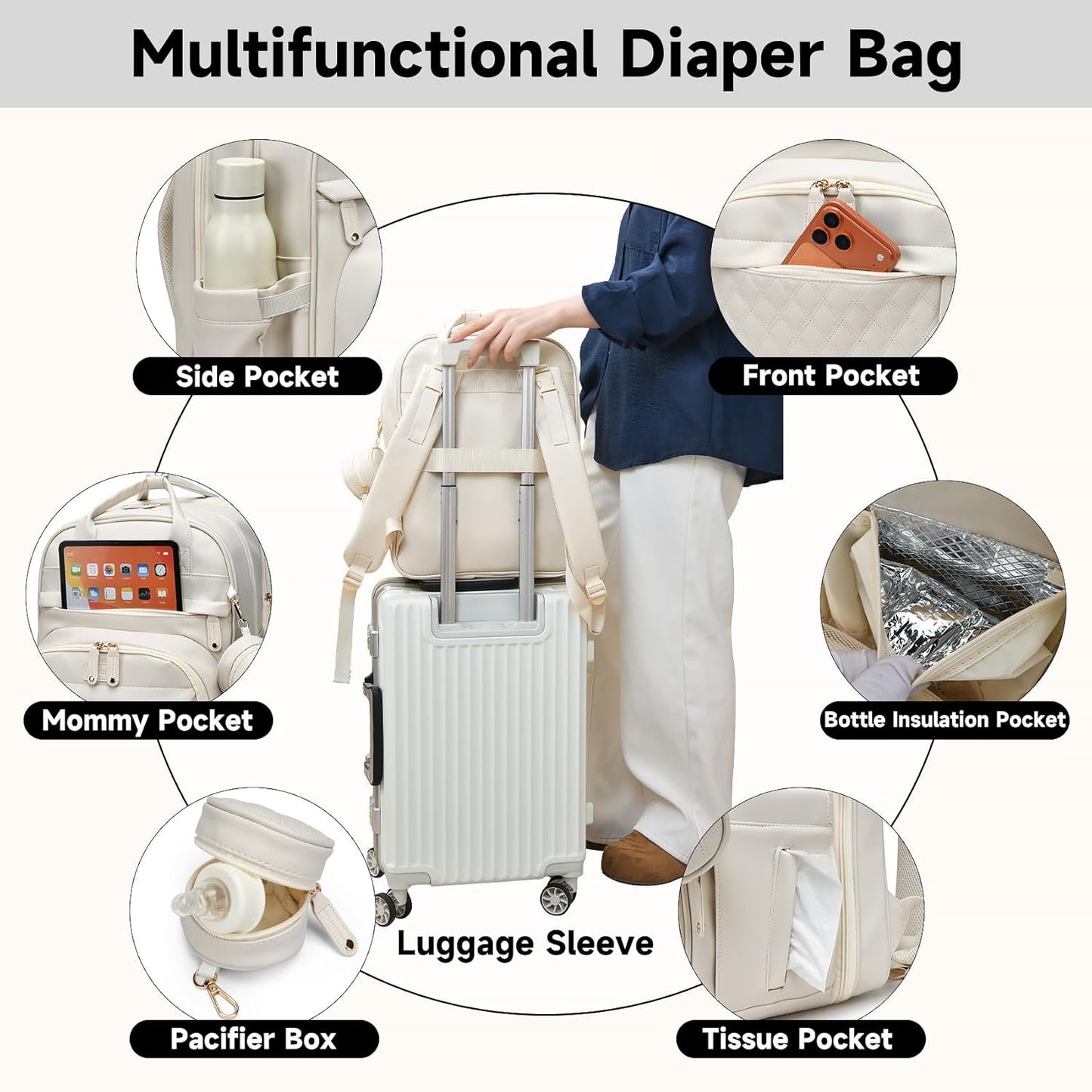 Leather Baby Diaper Bags with Changing Station,Extra large Capacity Baby Diaper Bag Backpack,Waterproof Baby Essentials White