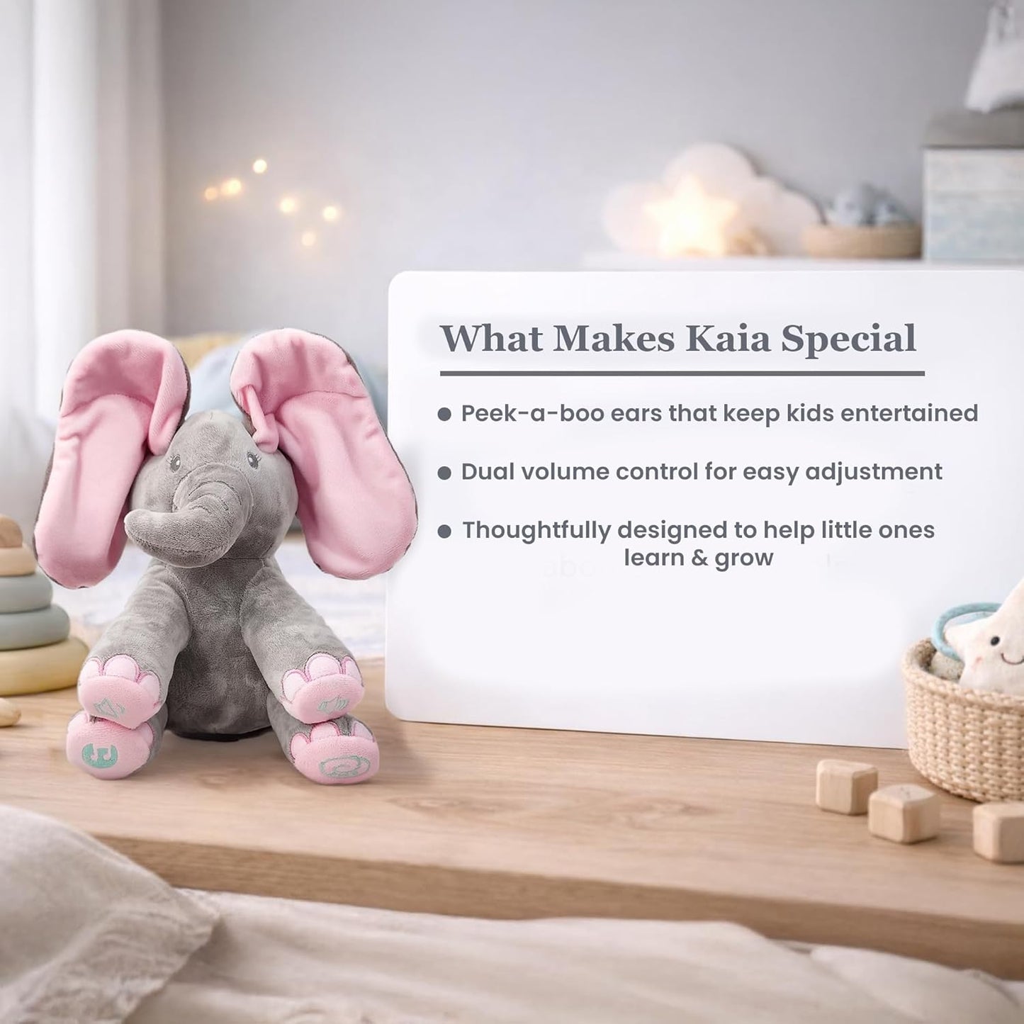 Peek-A-Boo Elephant Plush Toy for Babies & Toddlers, Interactive Singing Stuffed Animal with Moving Ears, Musical Baby Gift