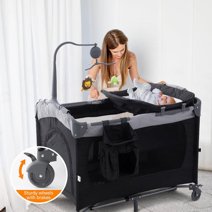 5 in 1 Infant Newborn Baby Crib Baby Bassinet with Changing Table，Black
