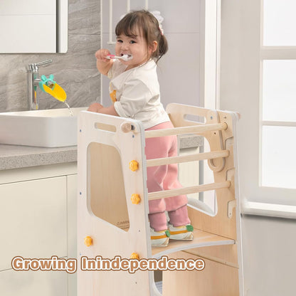 4 in 1 Toddler Kitchen Tower, Kids Kitchen Stool Helper, Standing Tower with Convertible Table and Chair, Toddler Step Stool with Adjustable-Height,Whiteboard and Safety Rail for Kitchen,Wood
