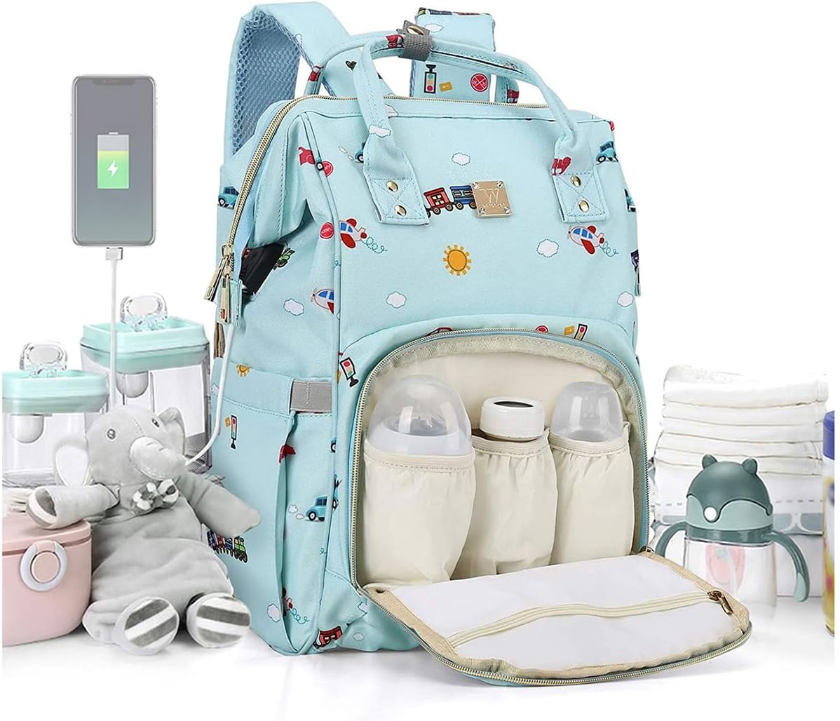 Cute Mult Diaper  Diaper Bags Backpack ,Waterproof Maternity  with USB Charging Port Stroller Straps