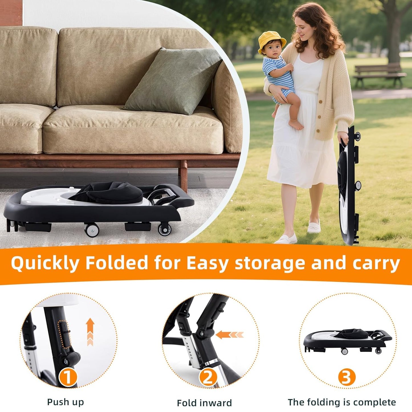 Baby Walker Foldable with Music and Lights,Portable Baby Walker with Wheels,9 Adjustable Heights,Removable Tray&Footrest, Speed Adjustable