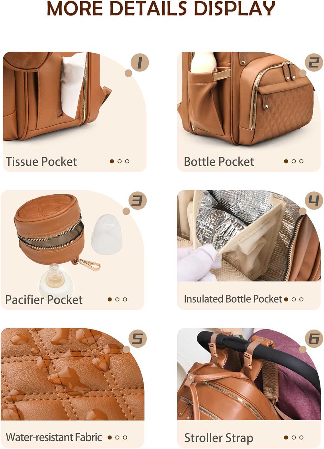 Large Diaper Bag Backpack，Waterproof Leather Diaper Bags Baby with Changing Station