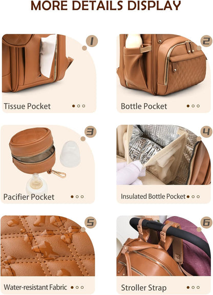 Large Diaper Bag Backpack，Waterproof Leather Diaper Bags Baby with Changing Station