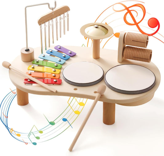 Wooden Drum Set for Toddlers 1-3, Musical Percussion Instruments for Kids Baby Drum Set Xylophone, Montessori Educational Musical Toys for Girls Boys Ages 3+