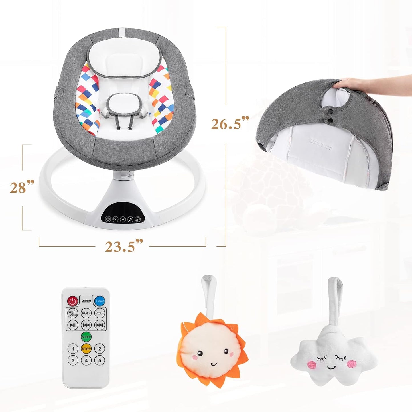 Baby Swing for Infants,Electric Bouncer for Babies-Remote, 5 Speeds, Bluetooth Music & Net
