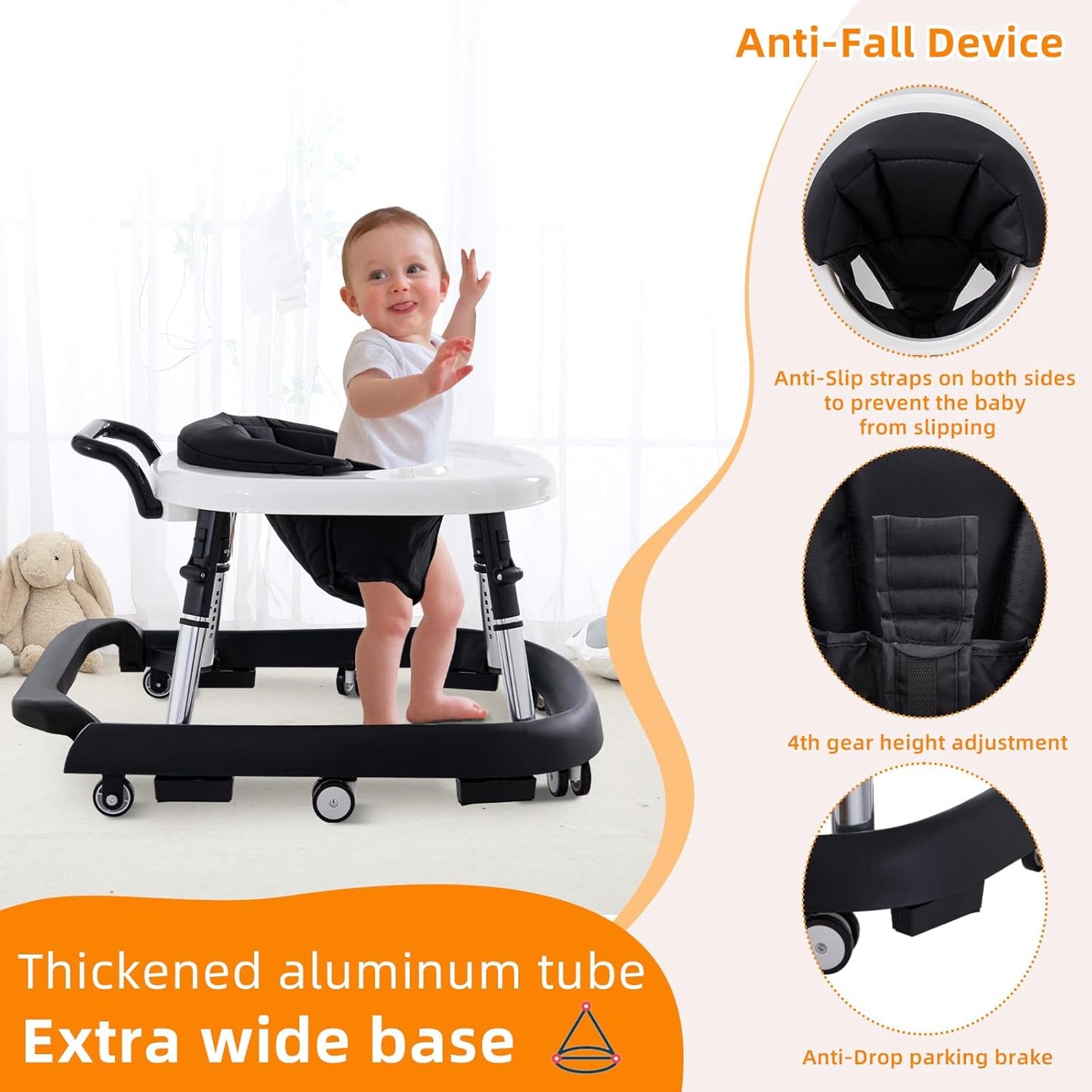 Baby Walker Foldable with Music and Lights,Portable Baby Walker with Wheels,9 Adjustable Heights,Removable Tray&Footrest, Speed Adjustable