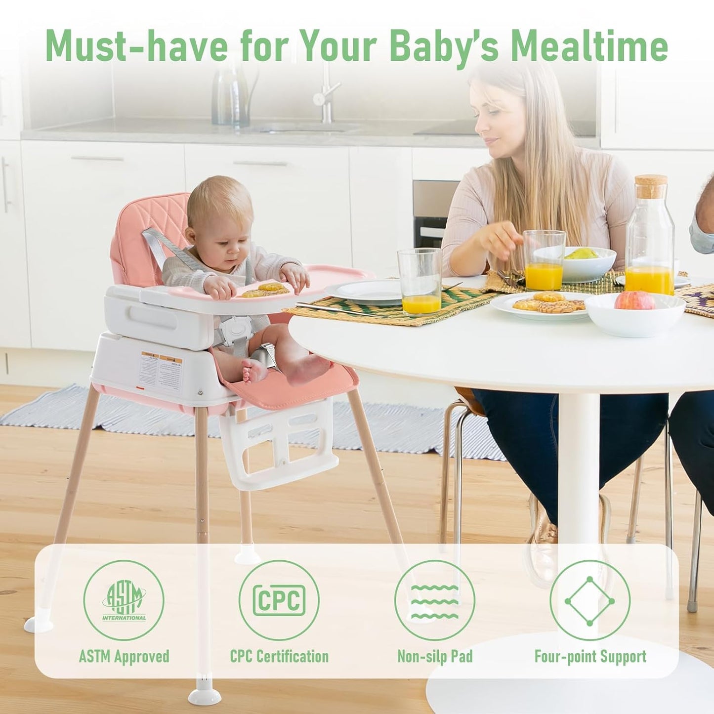 3 in 1 Baby High Chair, Portable High Chairs for Babies and Toddlers, Adjustable Convertible Infant Baby Feeding Chair Booster for Eating with Detachable Double Tray,Pink