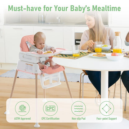 3 in 1 Baby High Chair, Portable High Chairs for Babies and Toddlers, Adjustable Convertible Infant Baby Feeding Chair Booster for Eating with Detachable Double Tray,Pink