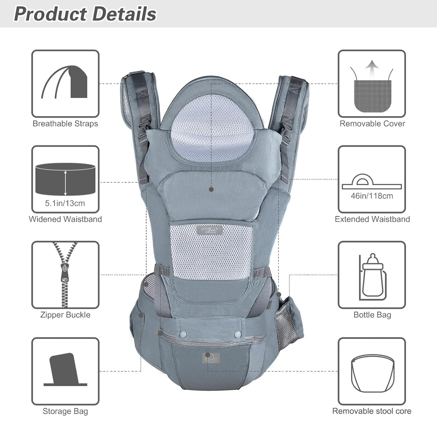 Ergonomic Baby Carrier with Hip Seat - Newborn to Toddler Hip Carrier (7-45 lbs) Front & Back Carry