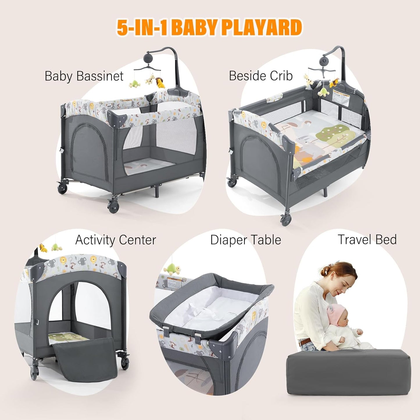 5 in 1 Infant Newborn Baby Crib Baby Bassinet with Changing Table，Gray