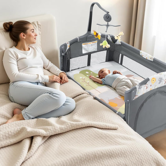 5 in 1 Infant Newborn Baby Crib Baby Bassinet with Changing Table，Gray