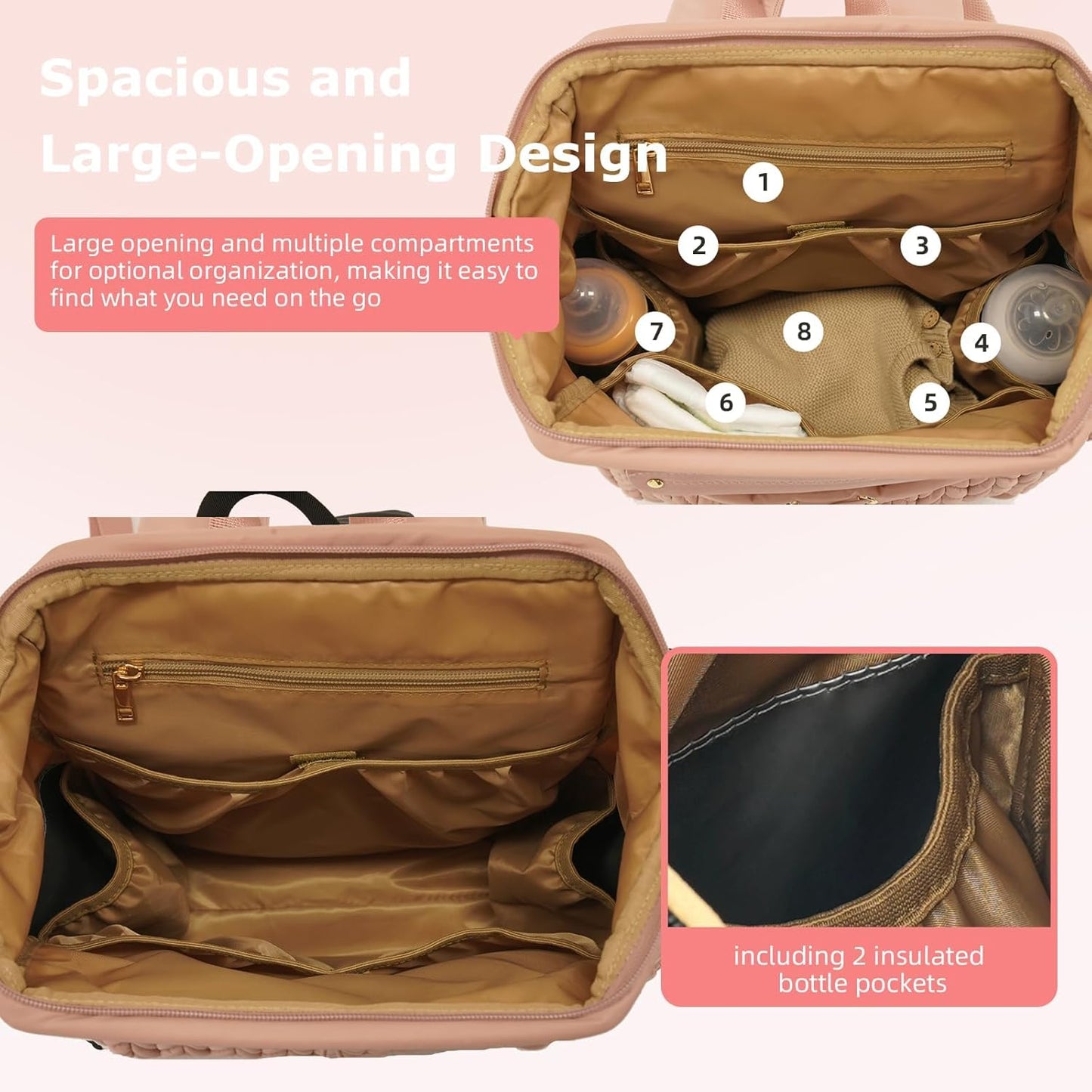 Lightweight Diaper Bag Backpack with Changing Pad – Large Opening Travel Nursery Bag for Mom, Stroller Clips & Faux Fur Pendant