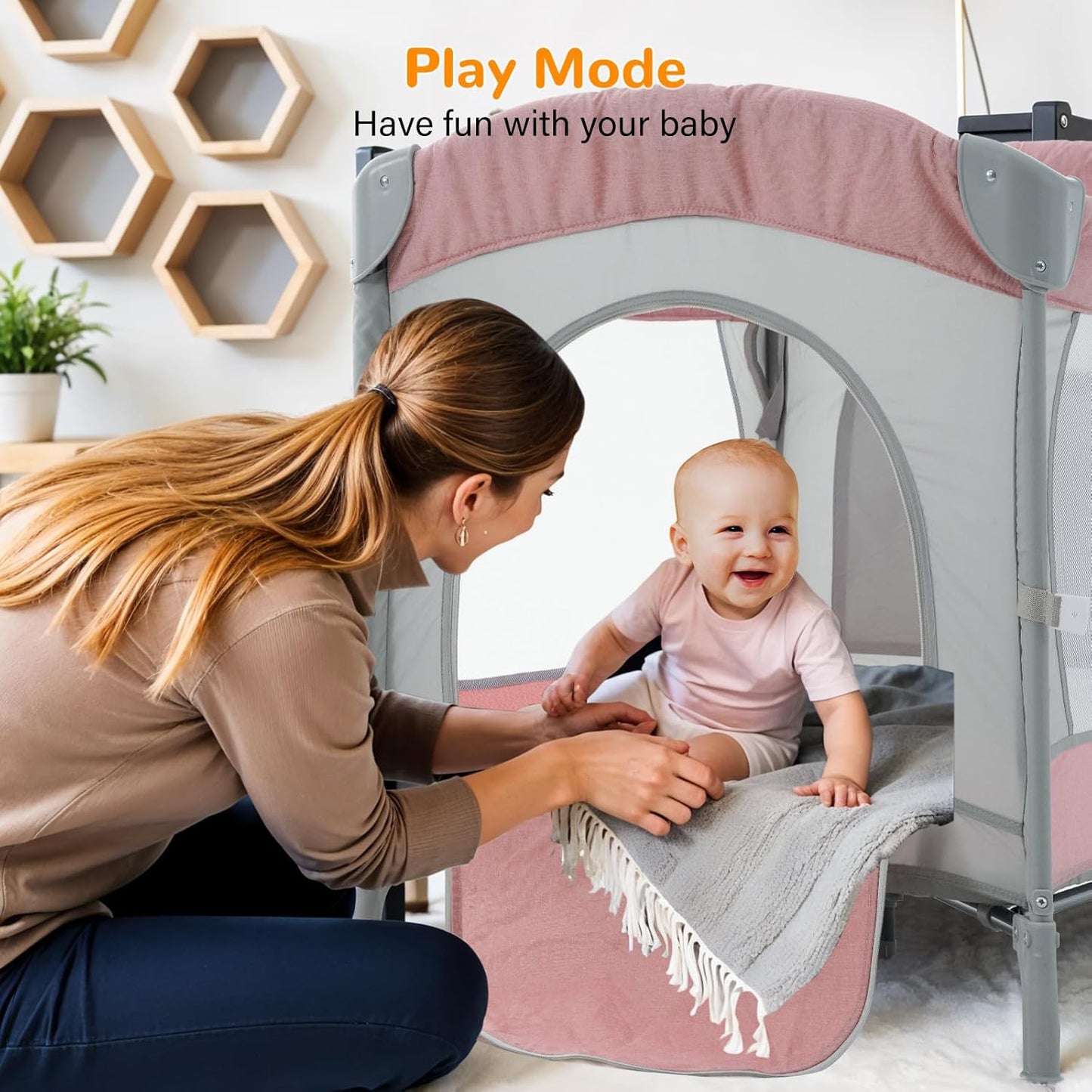 5 in 1 Infant Newborn Baby Crib Baby Bassinet with Changing Table，Pink Gray