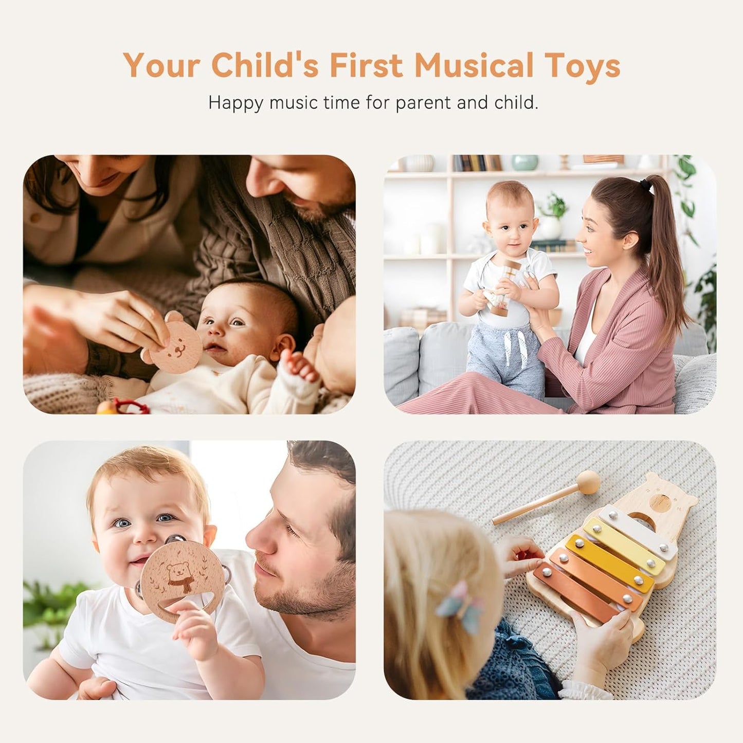 Baby Musical Instruments - Your Child's First Musical Toys with Castanet Rainmaker Tambourine Xylophone - Baby Friendly Design Wooden Instruments Set