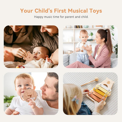 Baby Musical Instruments - Your Child's First Musical Toys with Castanet Rainmaker Tambourine Xylophone - Baby Friendly Design Wooden Instruments Set