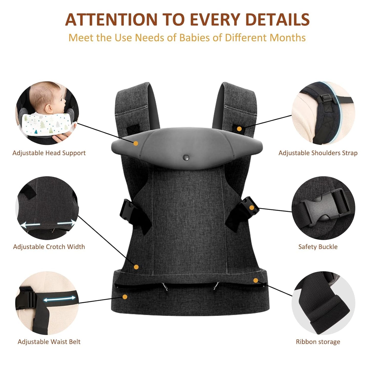 4-in-1 Baby Carrier, Hands Free Adjustable Ergonomic Baby Carrier Newborn to Toddler 6-33lbs