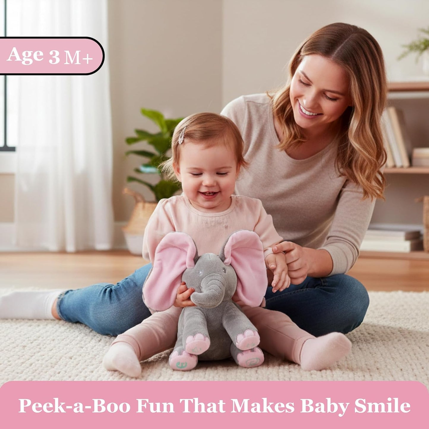Peek-A-Boo Elephant Plush Toy for Babies & Toddlers, Interactive Singing Stuffed Animal with Moving Ears, Musical Baby Gift