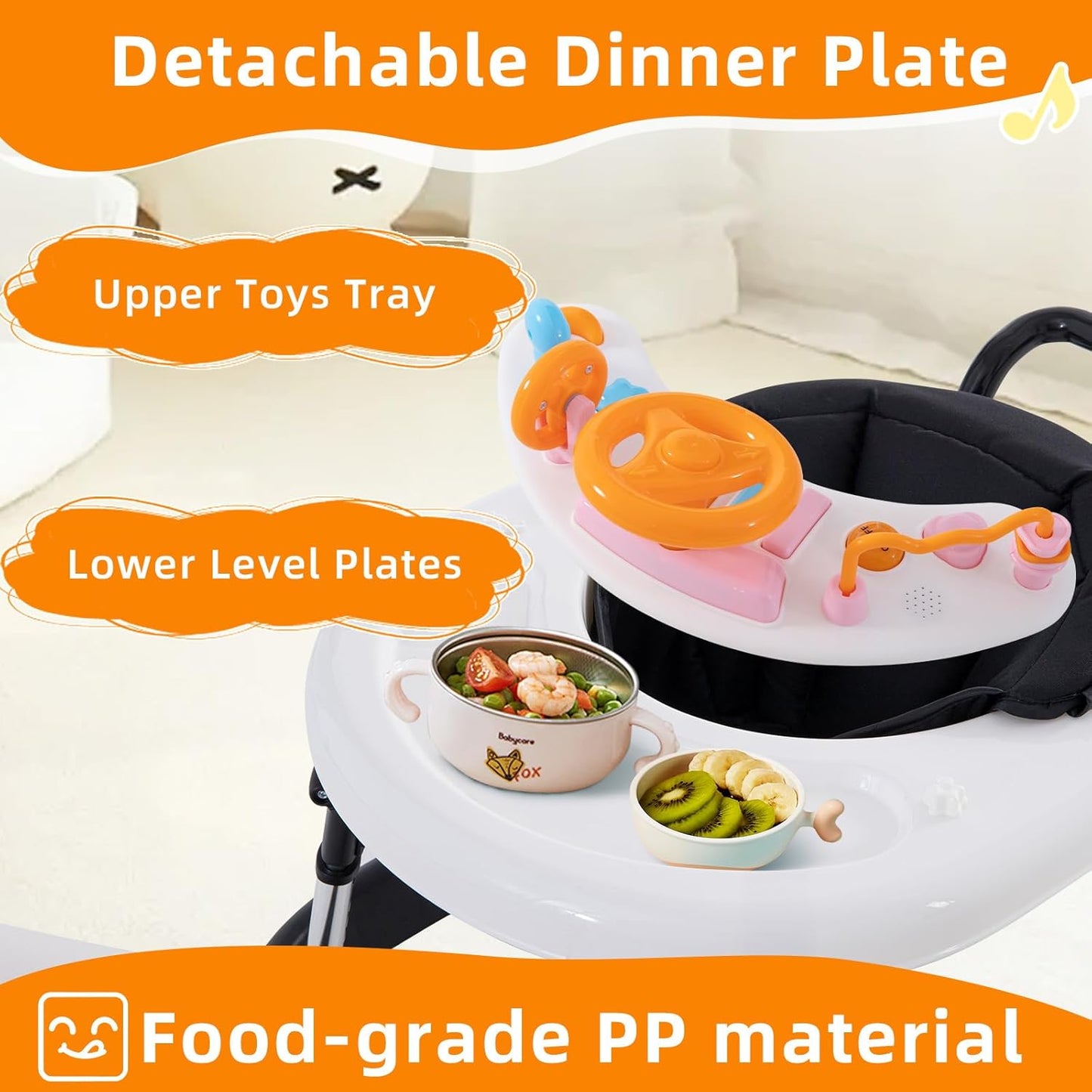 Baby Walker Foldable with Music and Lights,Portable Baby Walker with Wheels,9 Adjustable Heights,Removable Tray&Footrest, Speed Adjustable