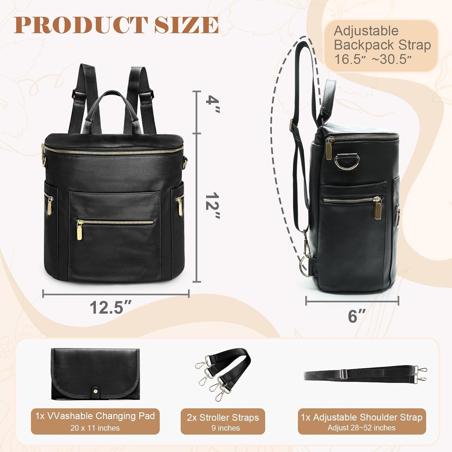 Leather Diaper Bag Backpack  with Diaper Changing Pad, Stroller Straps & 2 Insulated Pockets