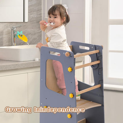 4 in 1 Toddler Kitchen Tower, Kids Kitchen Stool Helper, Standing Tower with Convertible Table and Chair, Toddler Step Stool with Adjustable-Height,Whiteboard and Safety Rail for Kitchen ,Gray