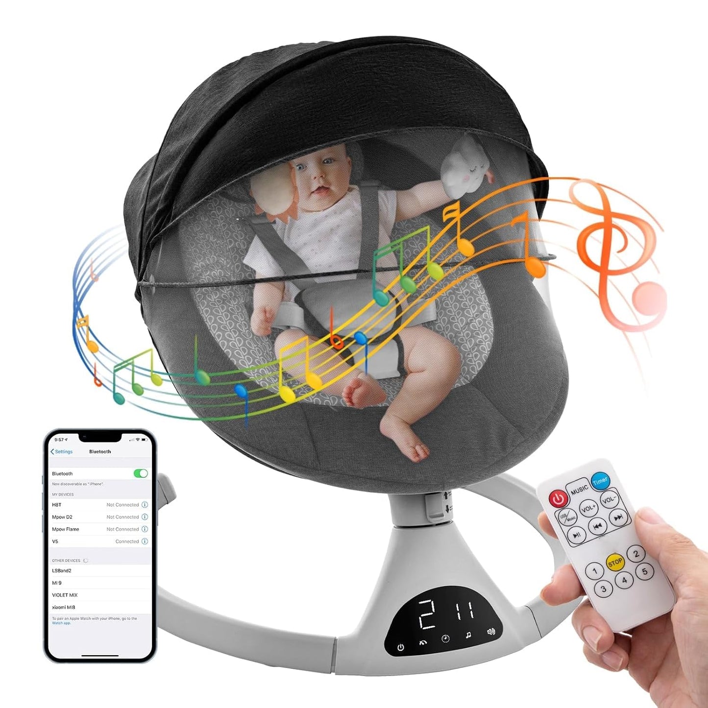 Baby Swing for Infants,Electric Bouncer for Babies-Remote, 5 Speeds, Bluetooth Music & Net