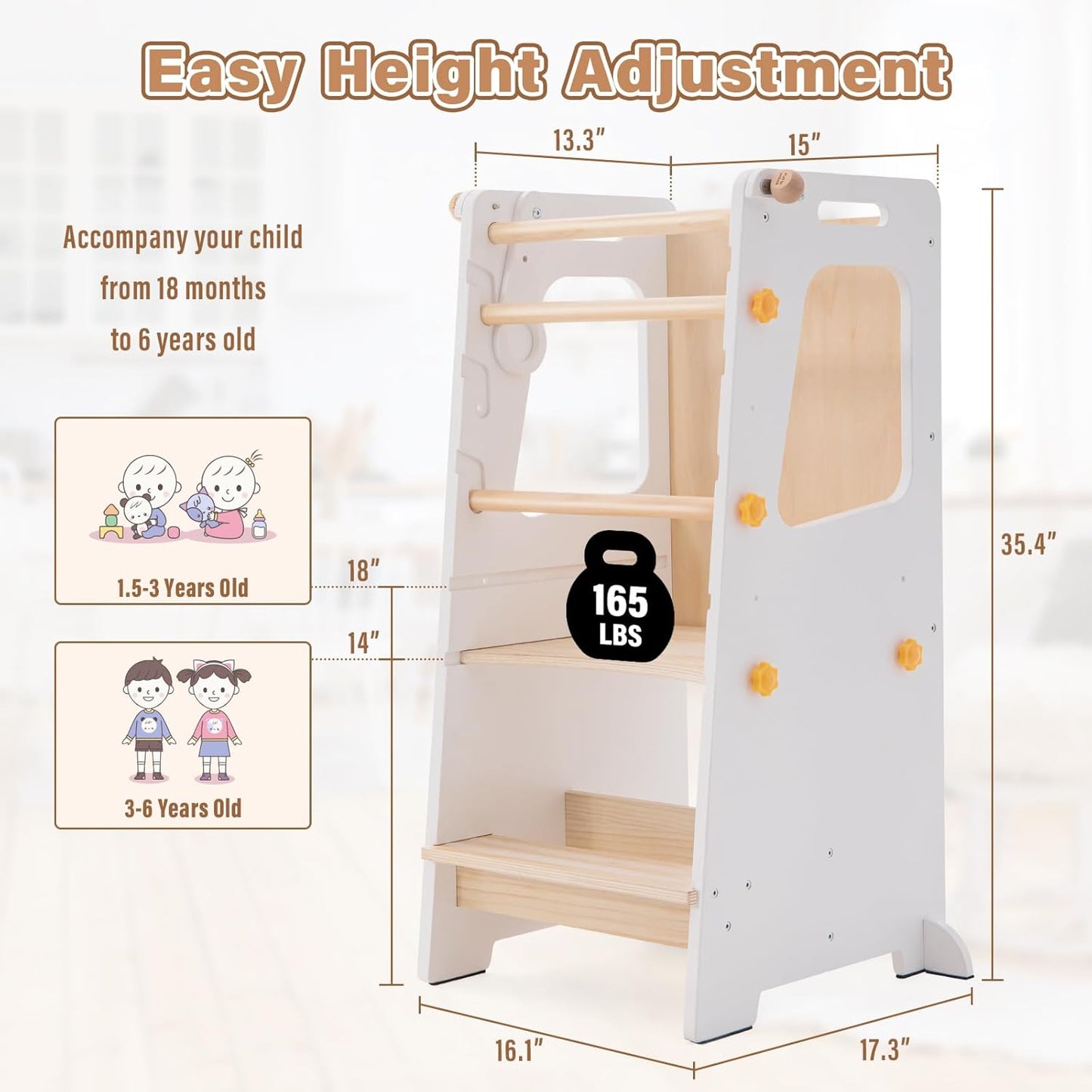 4 in 1 Toddler Kitchen Tower, Kids Kitchen Stool Helper, Standing Tower with Convertible Table and Chair, Toddler Step Stool with Adjustable-Height,Whiteboard and Safety Rail for Kitchen