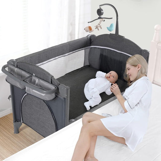Baby Bassinet Beside Sleeper, Pack and Play with Bassinet and Changing Table Portable Travel Baby Playpen with Toys & Music Box, Mattress for Boy Girl Infant Newborn