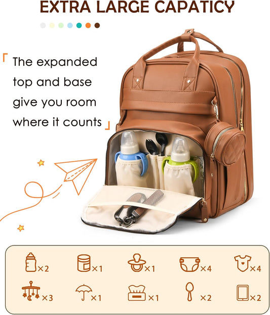 Large Diaper Bag Backpack，Waterproof Leather Diaper Bags Baby with Changing Station