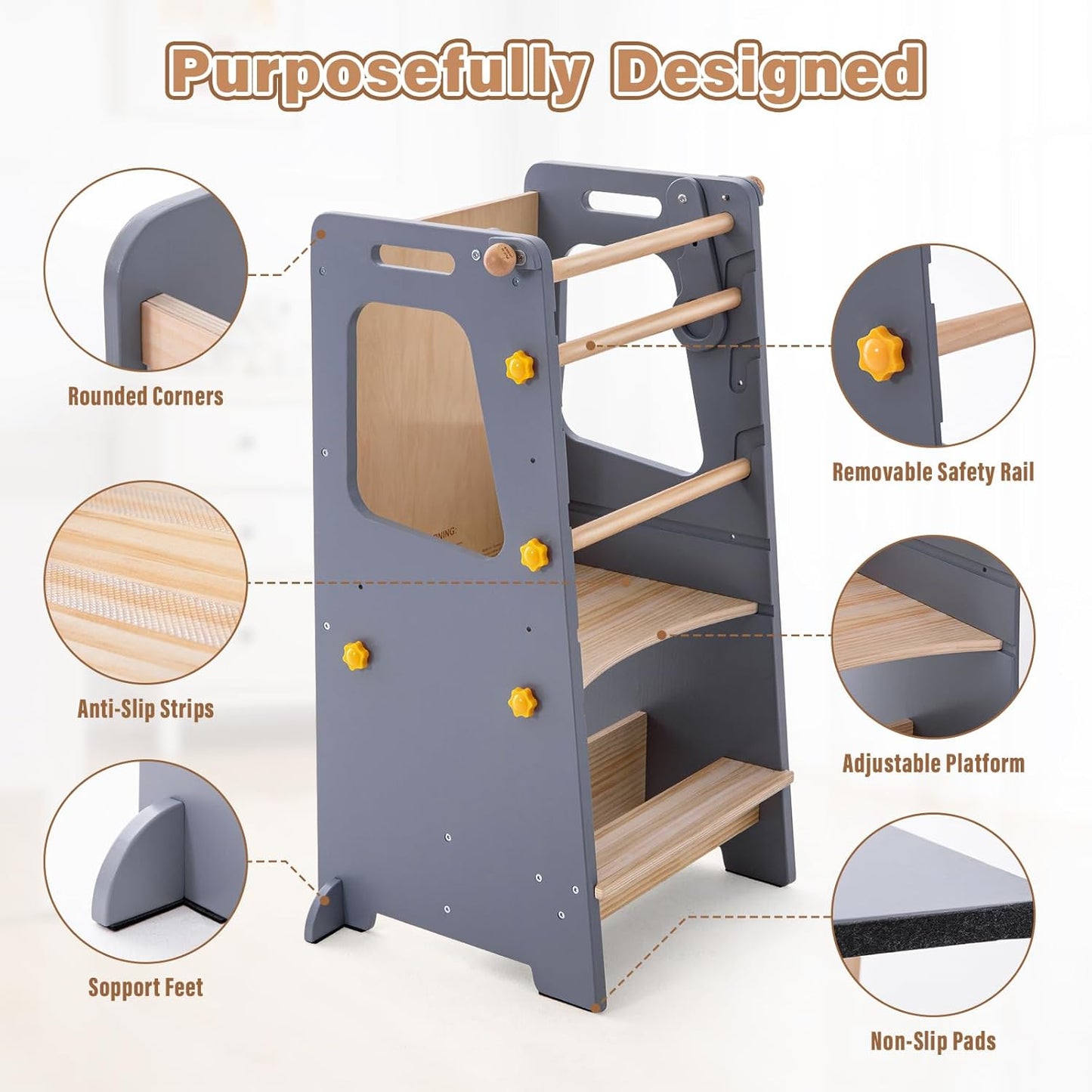 4 in 1 Toddler Kitchen Tower, Kids Kitchen Stool Helper, Standing Tower with Convertible Table and Chair, Toddler Step Stool with Adjustable-Height,Whiteboard and Safety Rail for Kitchen ,Gray