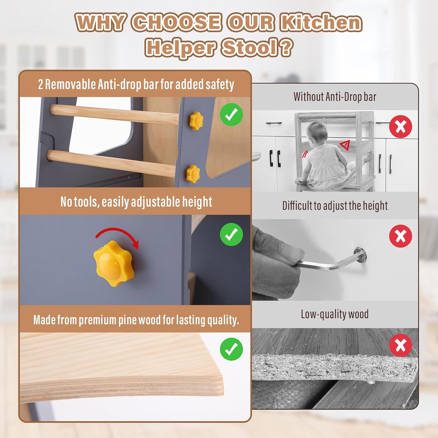 4 in 1 Toddler Kitchen Tower, Kids Kitchen Stool Helper, Standing Tower with Convertible Table and Chair, Toddler Step Stool with Adjustable-Height,Whiteboard and Safety Rail for Kitchen ,Gray