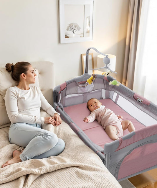 5 in 1 Infant Newborn Baby Crib Baby Bassinet with Changing Table，Pink Gray