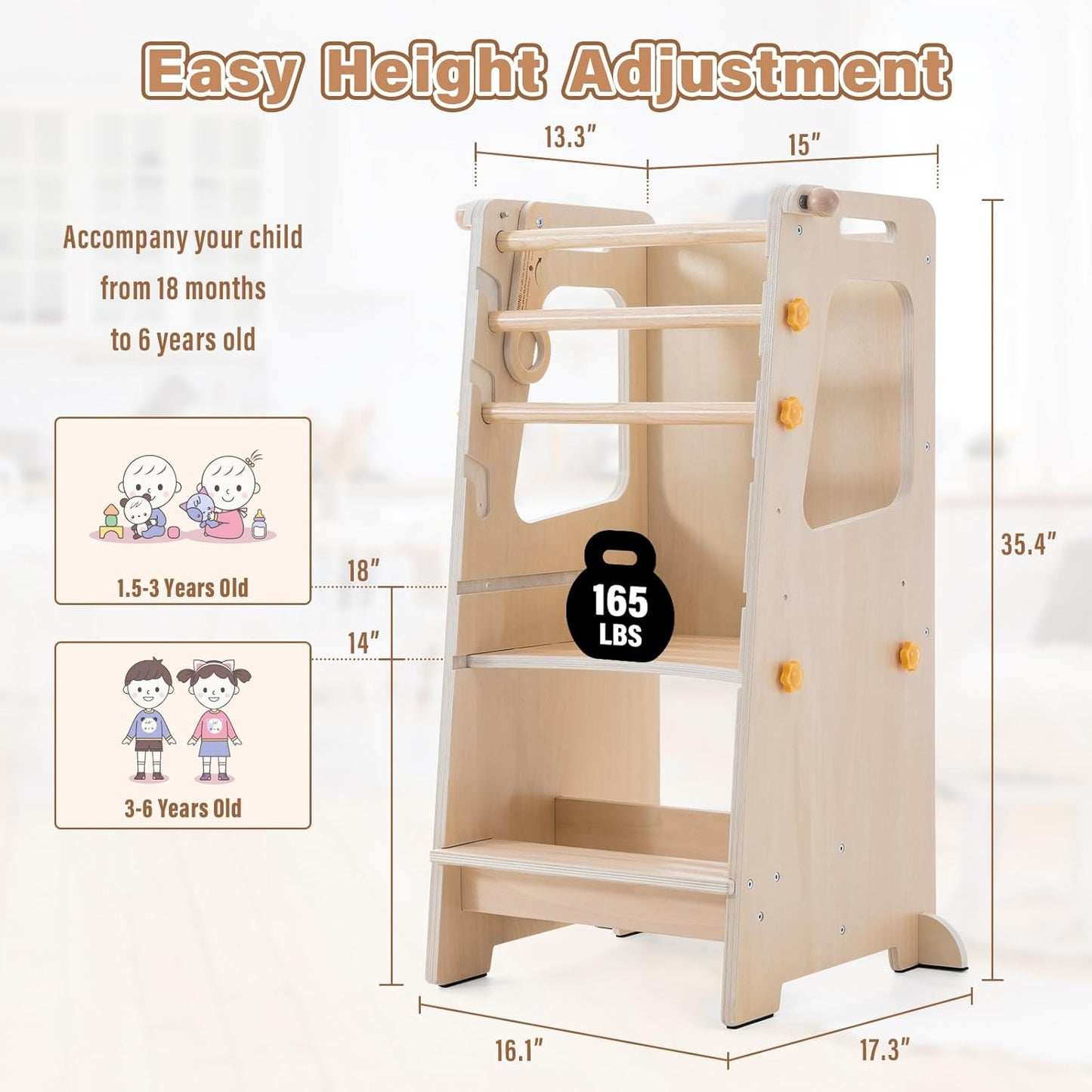 4 in 1 Toddler Kitchen Tower, Kids Kitchen Stool Helper, Standing Tower with Convertible Table and Chair, Toddler Step Stool with Adjustable-Height,Whiteboard and Safety Rail for Kitchen,Wood