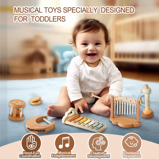 Montessori Wooden Musical Instruments Set with Xylophone, Sensory Learning Toys for Toddlers 18+ Months, Educational Gift for Kids