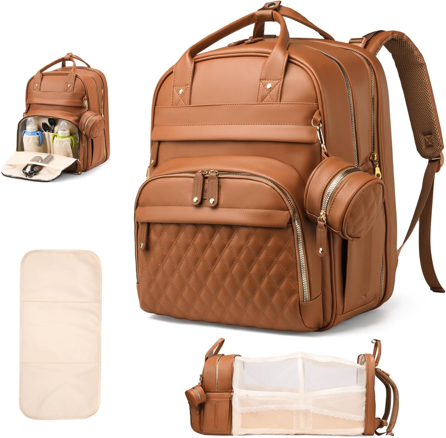 Large Diaper Bag Backpack，Waterproof Leather Diaper Bags Baby with Changing Station