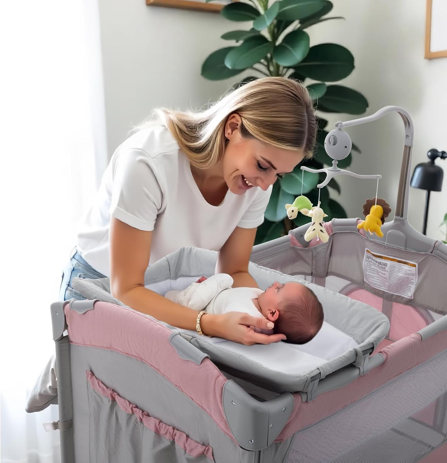 5 in 1 Infant Newborn Baby Crib Baby Bassinet with Changing Table，Pink Gray