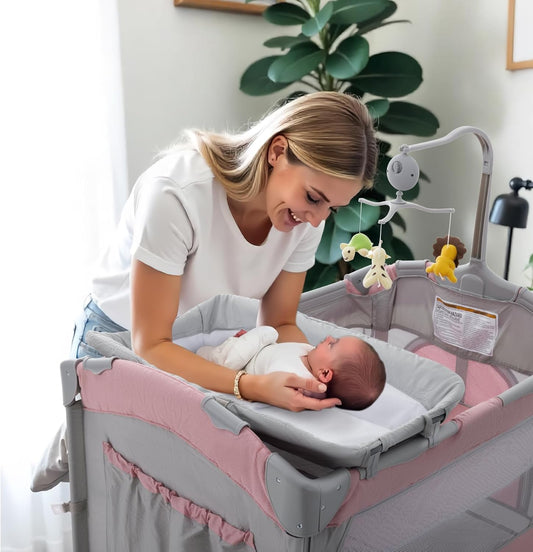 5 in 1 Infant Newborn Baby Crib Baby Bassinet with Changing Table，Light Pink Gray