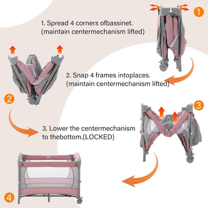 5 in 1 Infant Newborn Baby Crib Baby Bassinet with Changing Table，Light Pink Gray