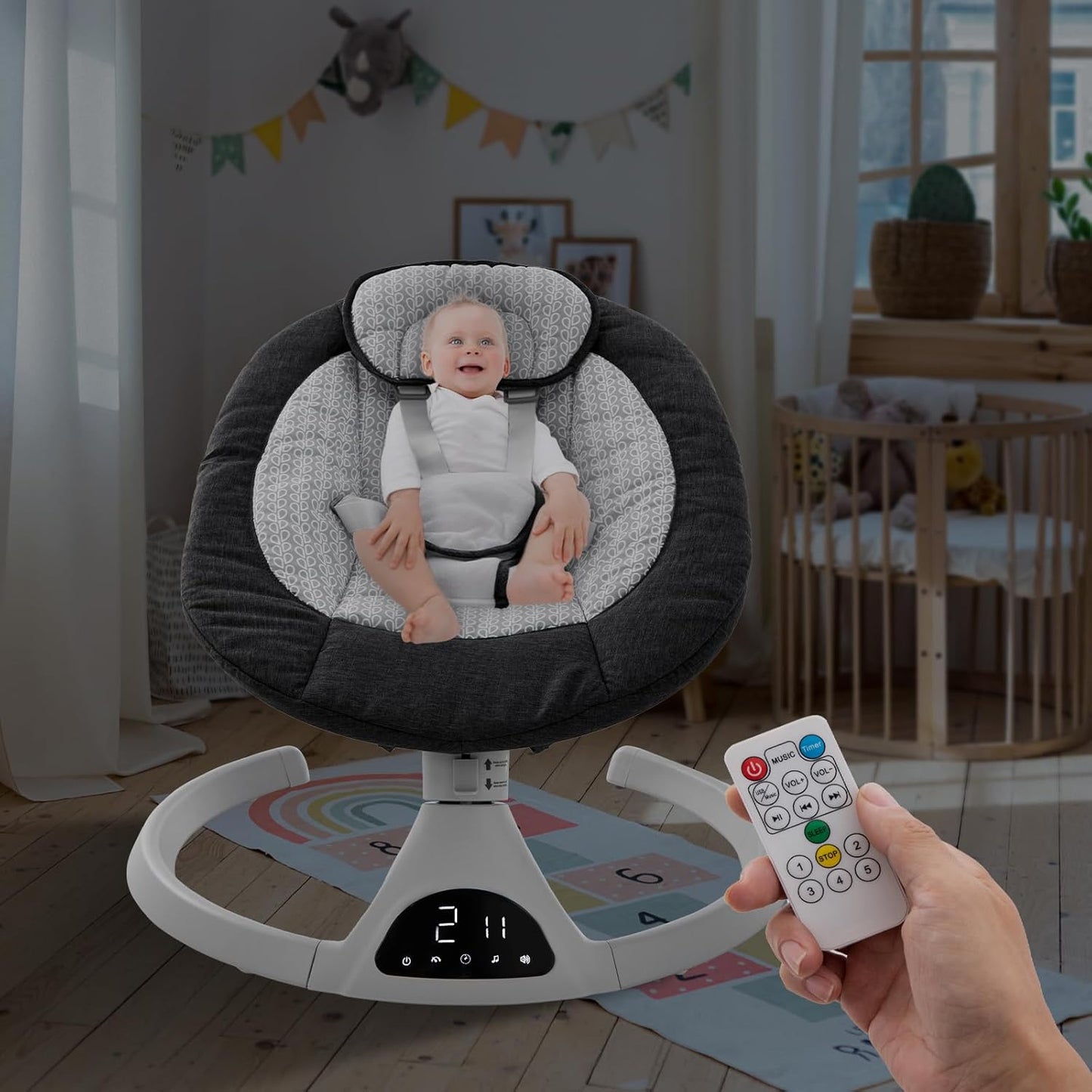 Baby Swing for Infants,Electric Bouncer for Baby Boy Girl,Remote Control Indoor Baby Rocker with 5 Sway Speeds